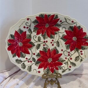 Christmas Poinsettia “Happy Holidays” Gibson Ceramic Oval Platter scalloped